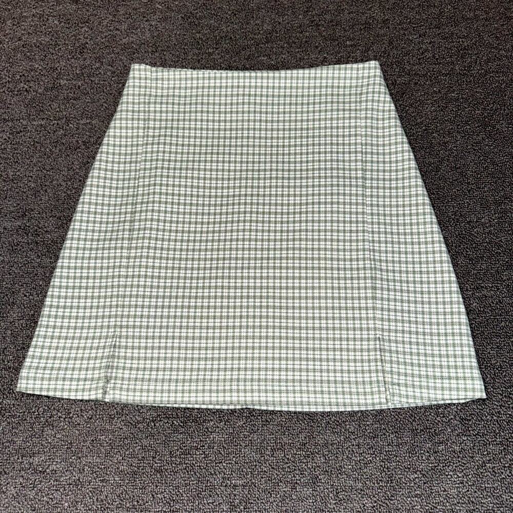 John Galt Mini‎ Skirt Women’s Green White Plaid Stretch Front Slits Back Zipper